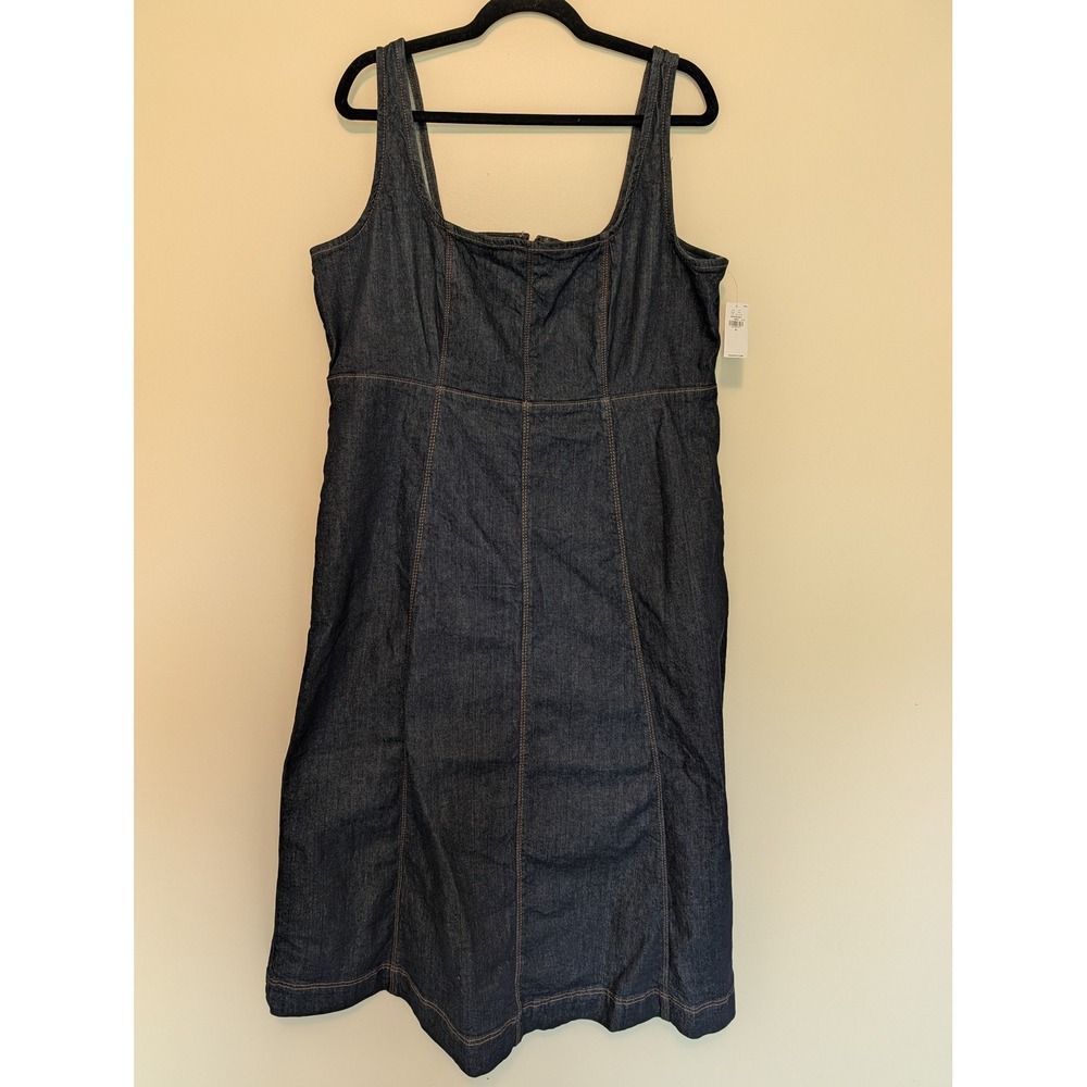 NWT Old Navy Dark Wash Denim Midi Pinafore Tank Dress Women XL Zip Back Contrast